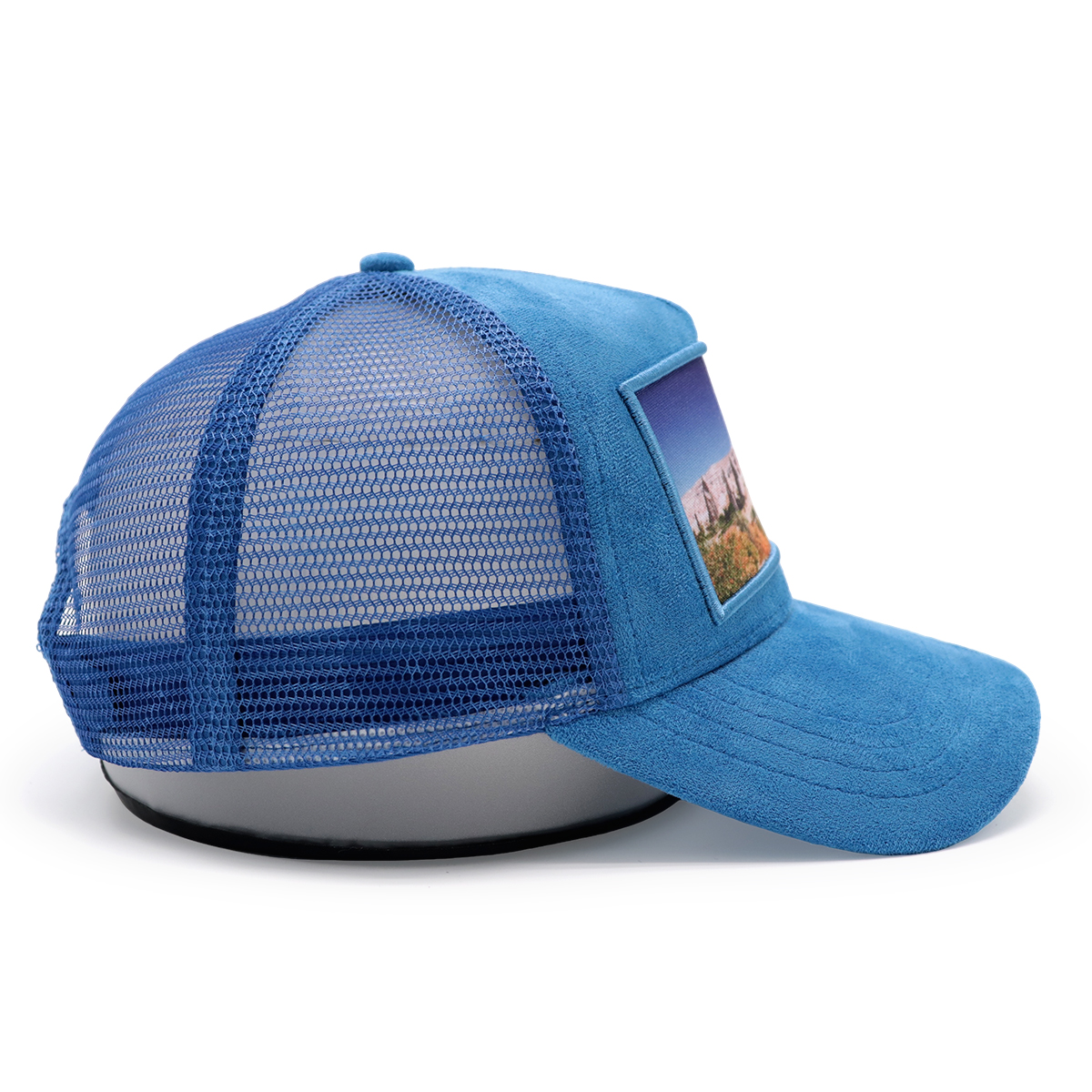Blue Suede Mesh Trucker Hat – Scenic Patch Baseball Cap, Adjustable Outdoor Cap for Men and Women