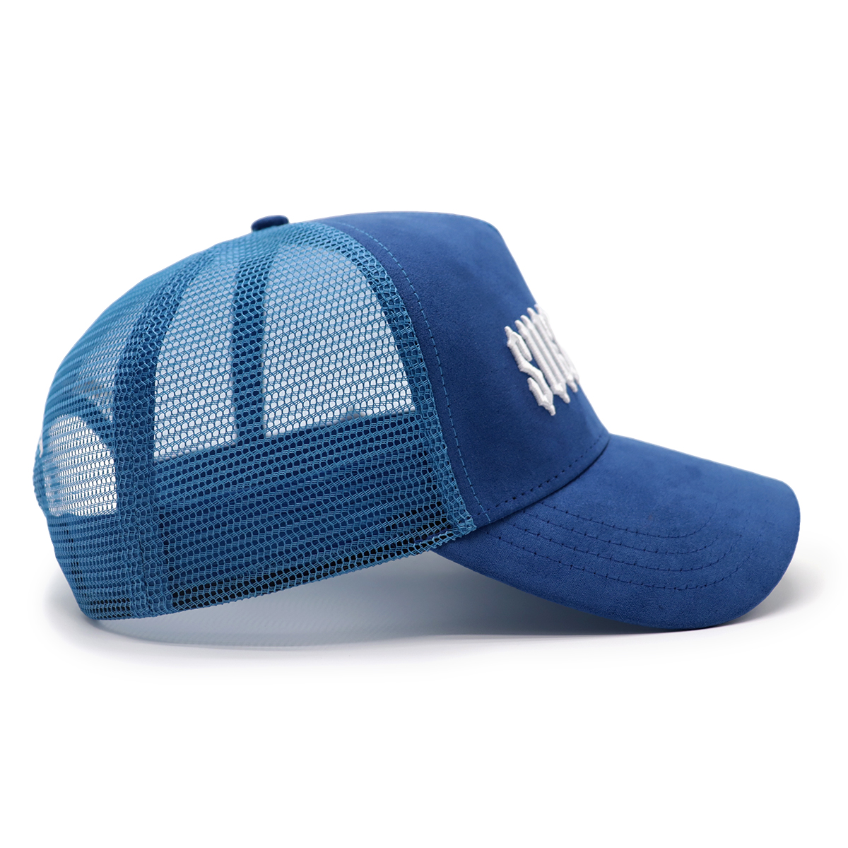 Blue SUEDE HAT Trucker Cap – Gothic Embroidered Faux Suede Mesh Hat