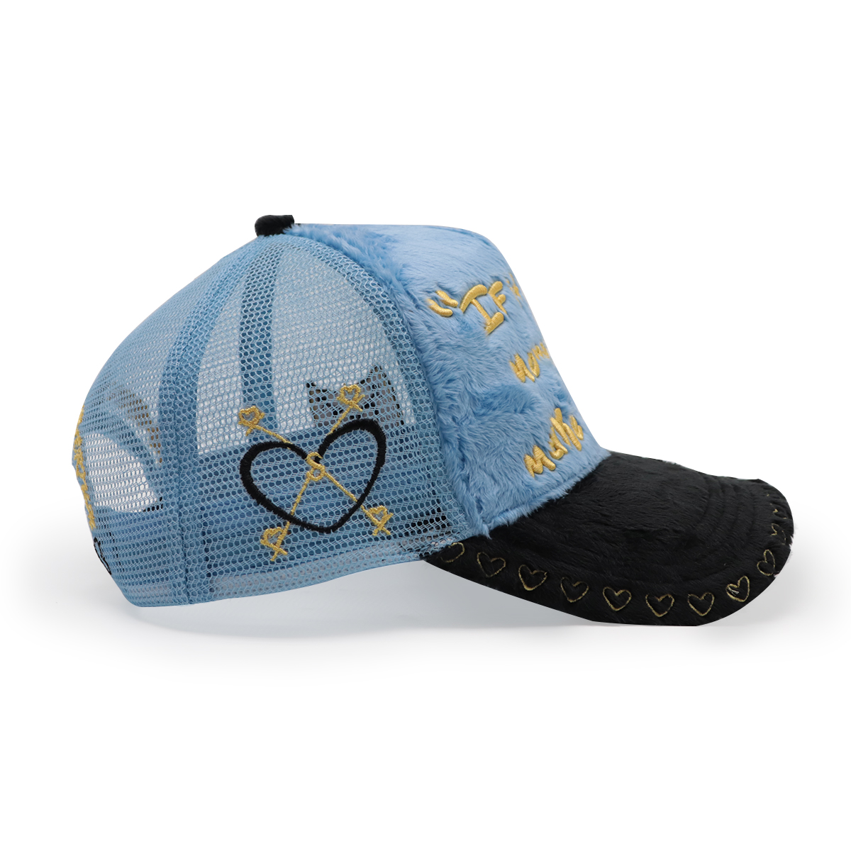 FITWELL Fuzzy Patchwork Trucker Hat – Embroidered Plush Mesh Baseball Cap