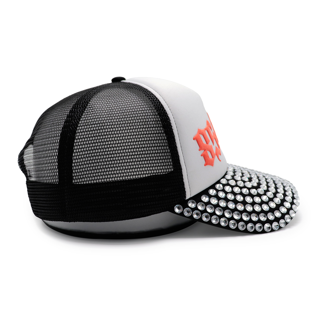 Puff Print Logo Rhinestone Mesh Baseball Cap – 3D Raised Embroidery, Adjustable Snapback, Unisex Streetwear Hat