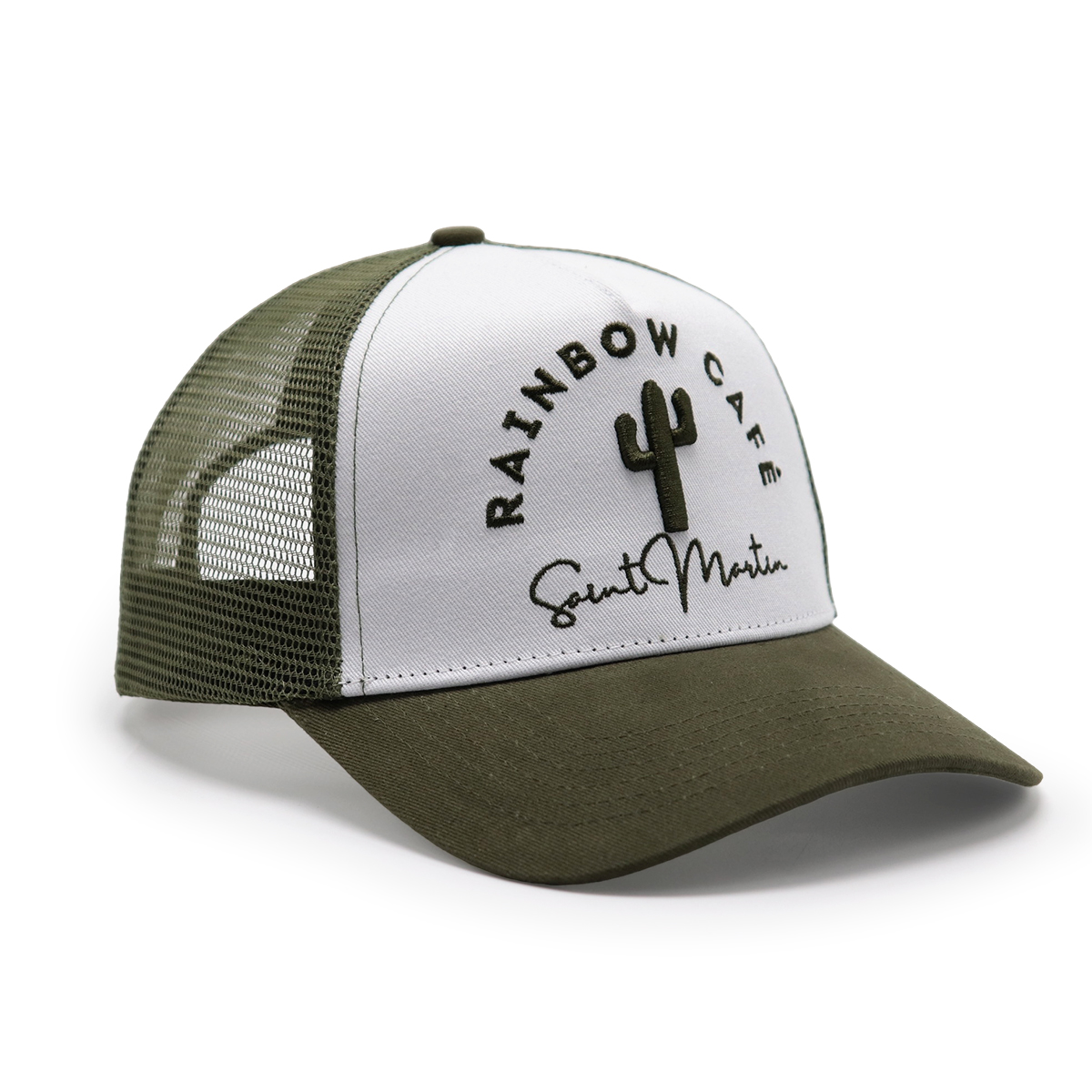 5 Panel Mesh Trucker Cap with 3D Embroidered Rainbow Café Logo – Custom Adjustable Snapback Hat
