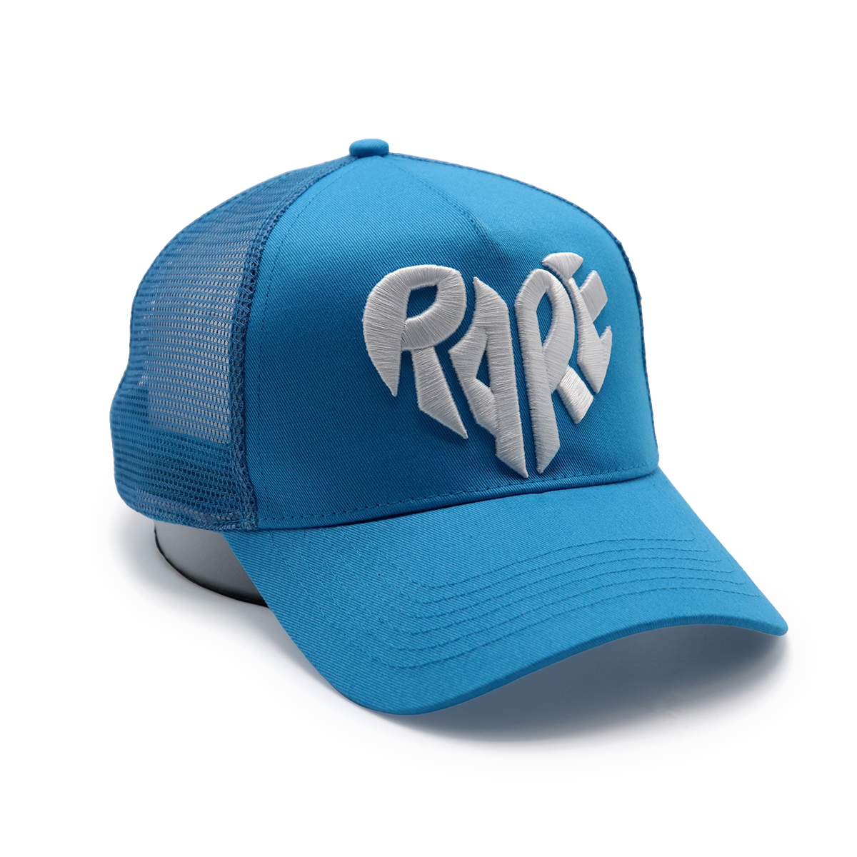 5 Panel Blue Trucker Cap with 3D Embroidered RARE Logo and Curved Brim – Adjustable Mesh Snapback Hat