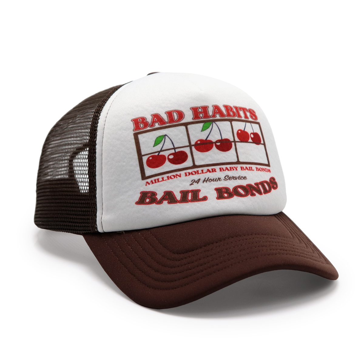 Printed Logo Mesh Trucker Cap – Brown & White Retro, Adjustable Snapback, Unisex Streetwear Hat