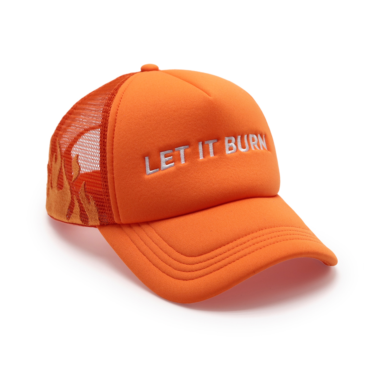 LET IT BURN Embroidered Trucker Hat – Black Flame Mesh Cap & Red Snapback Cap, Statement Baseball Hat, Unisex Adjustable