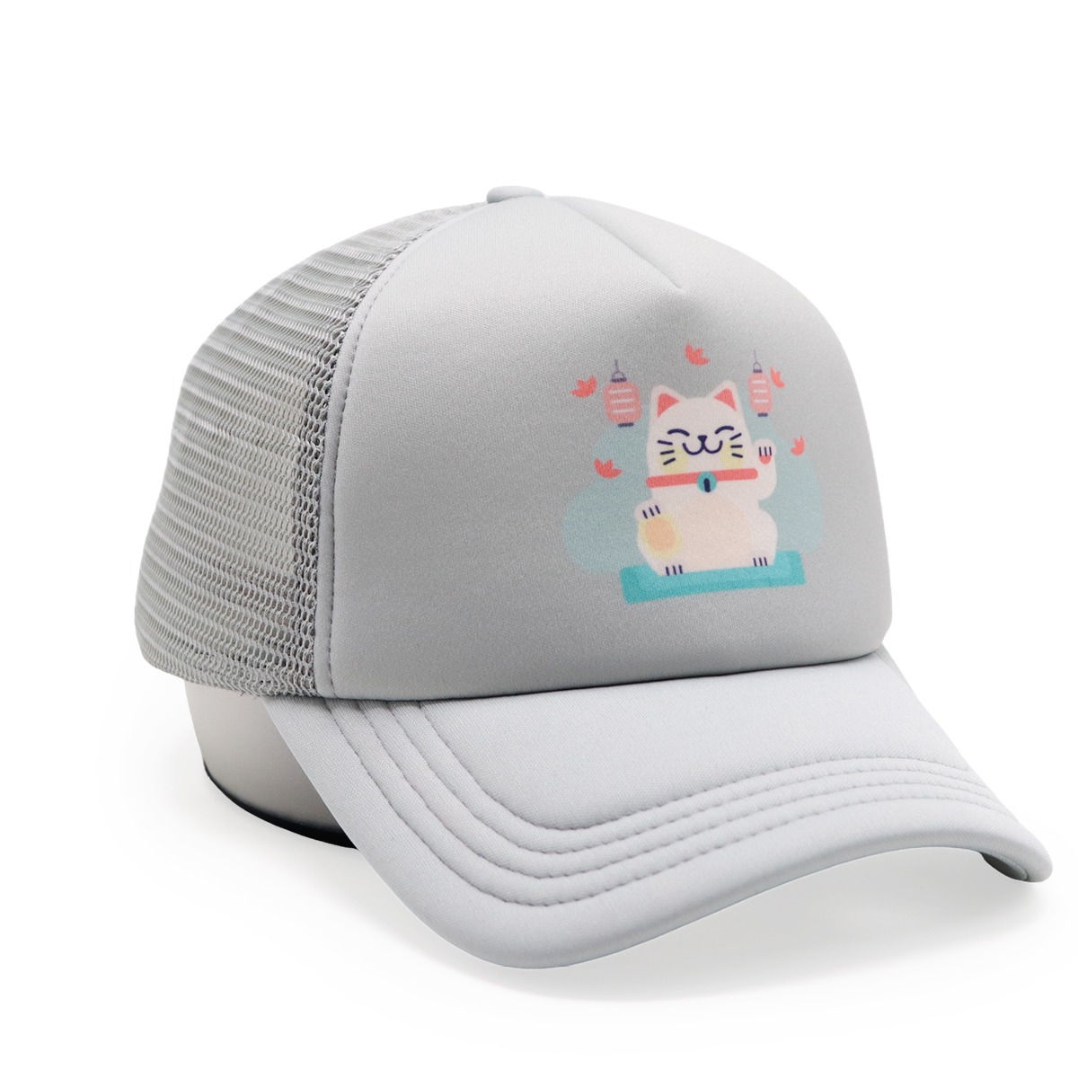 Cute Lucky Cat Print Mesh Trucker Cap – Colorful Cartoon Snapback Hat