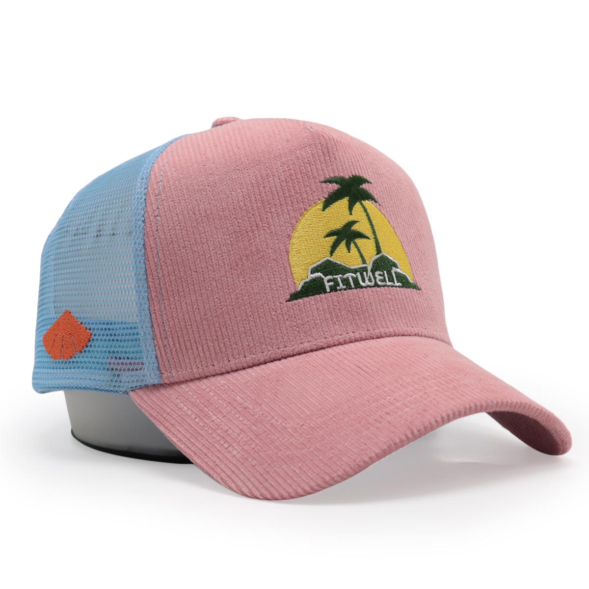 FITWELL Corduroy Mesh Trucker Cap – Embroidered Palm Sunset Logo, Adjustable Retro Hat (Pink, Blue, Green)
