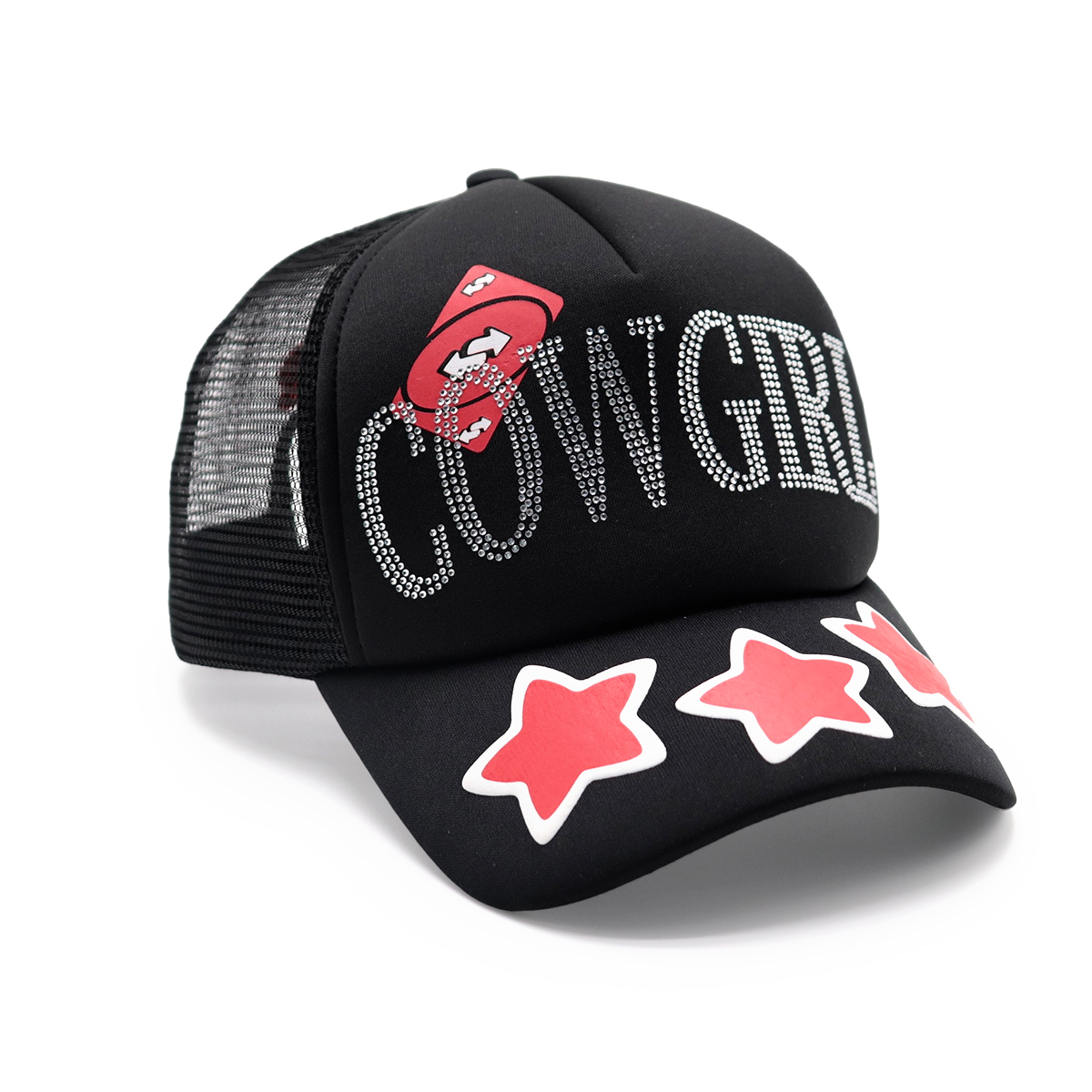 COWGIRL Rhinestone Baseball Cap Trucker Hat – Adjustable Black Mesh Cap with Red Stars for Women and Men