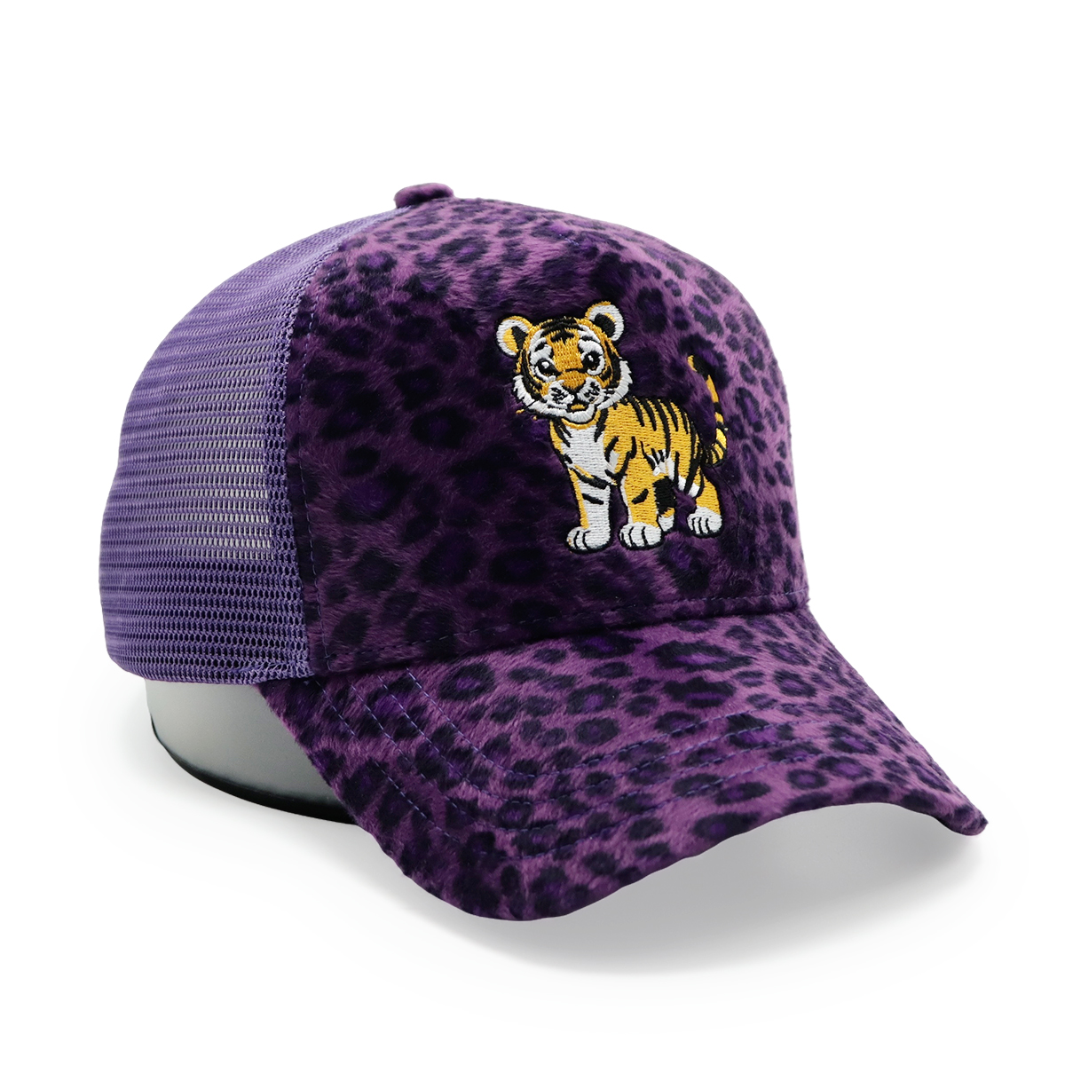 Velvet Animal Pattern Mesh Trucker Hat with Embroidered Tiger Logo