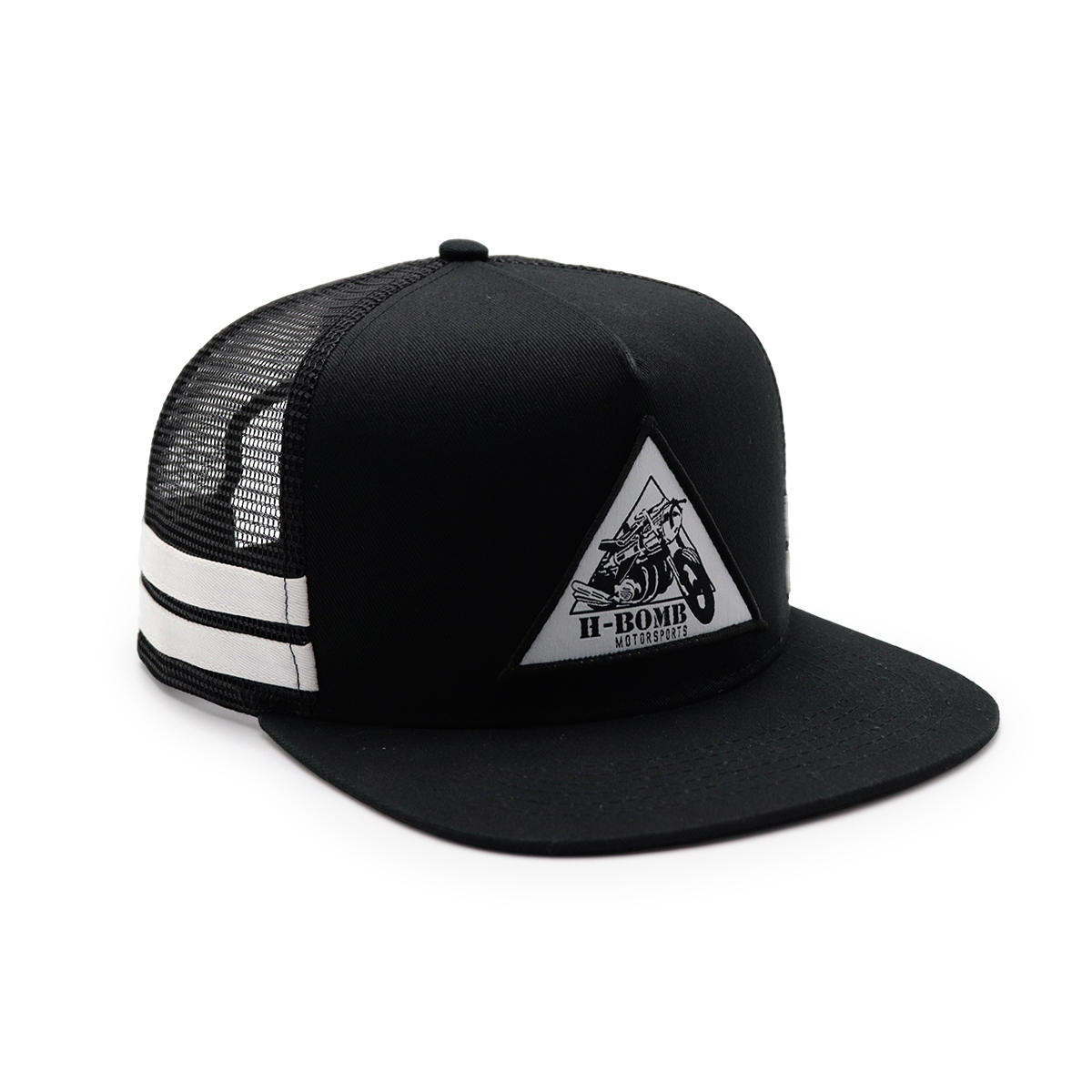 Black Flat Bill Mesh Trucker Hat – H-BOMB MOTORSPORTS Motocross Patch Cap, Snapback Unisex Baseball Cap