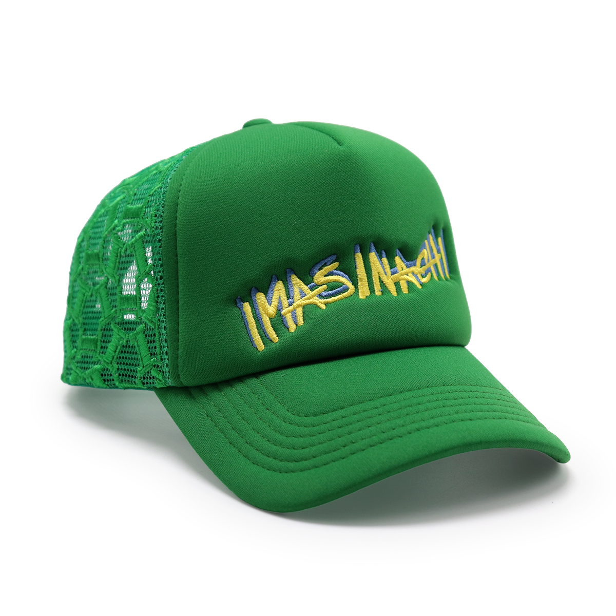IMASINASHI Custom Trucker Hats with 3D Embroidery and Geometric Mesh