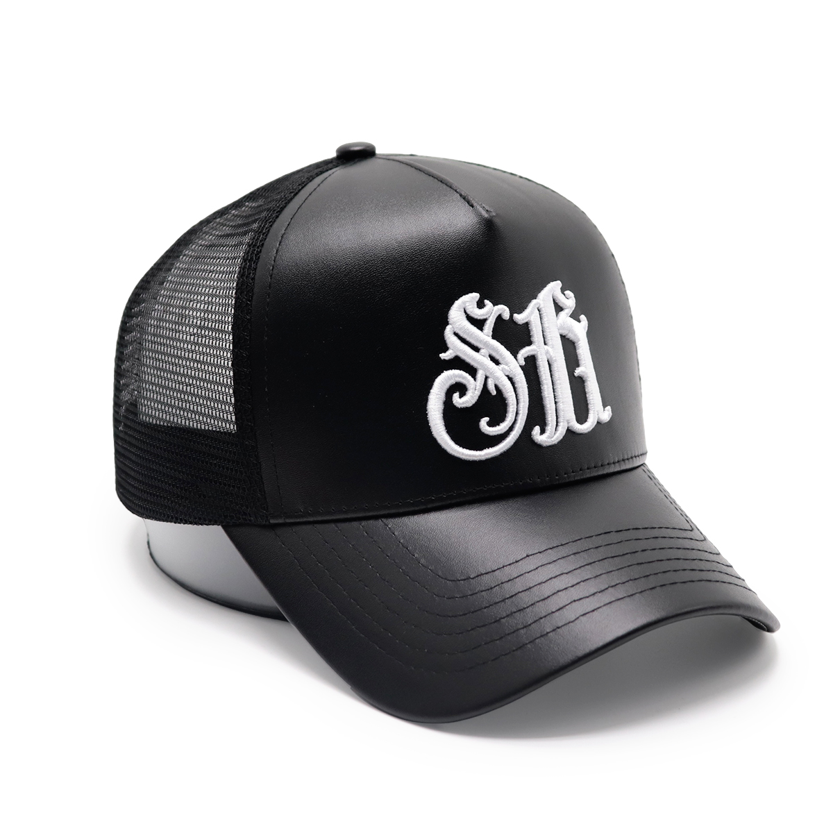 Black PU Leather Mesh Trucker Cap with Retro Embroidered Letters, Adjustable Snapback, Unisex