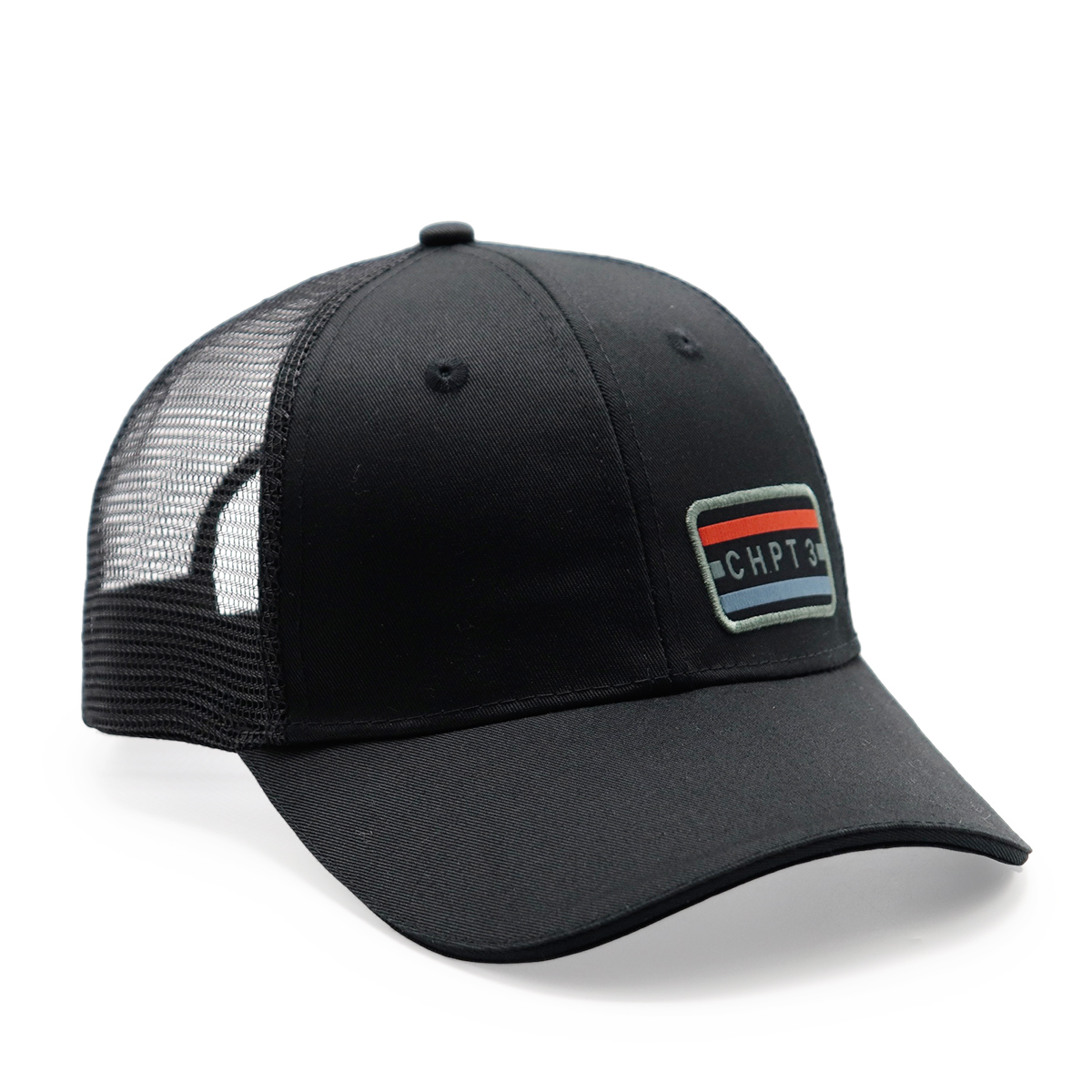 CHPT3 Black Trucker Cap, Mesh Back Snapback Hat, Embroidered Patch, Adjustable Unisex Baseball Hat