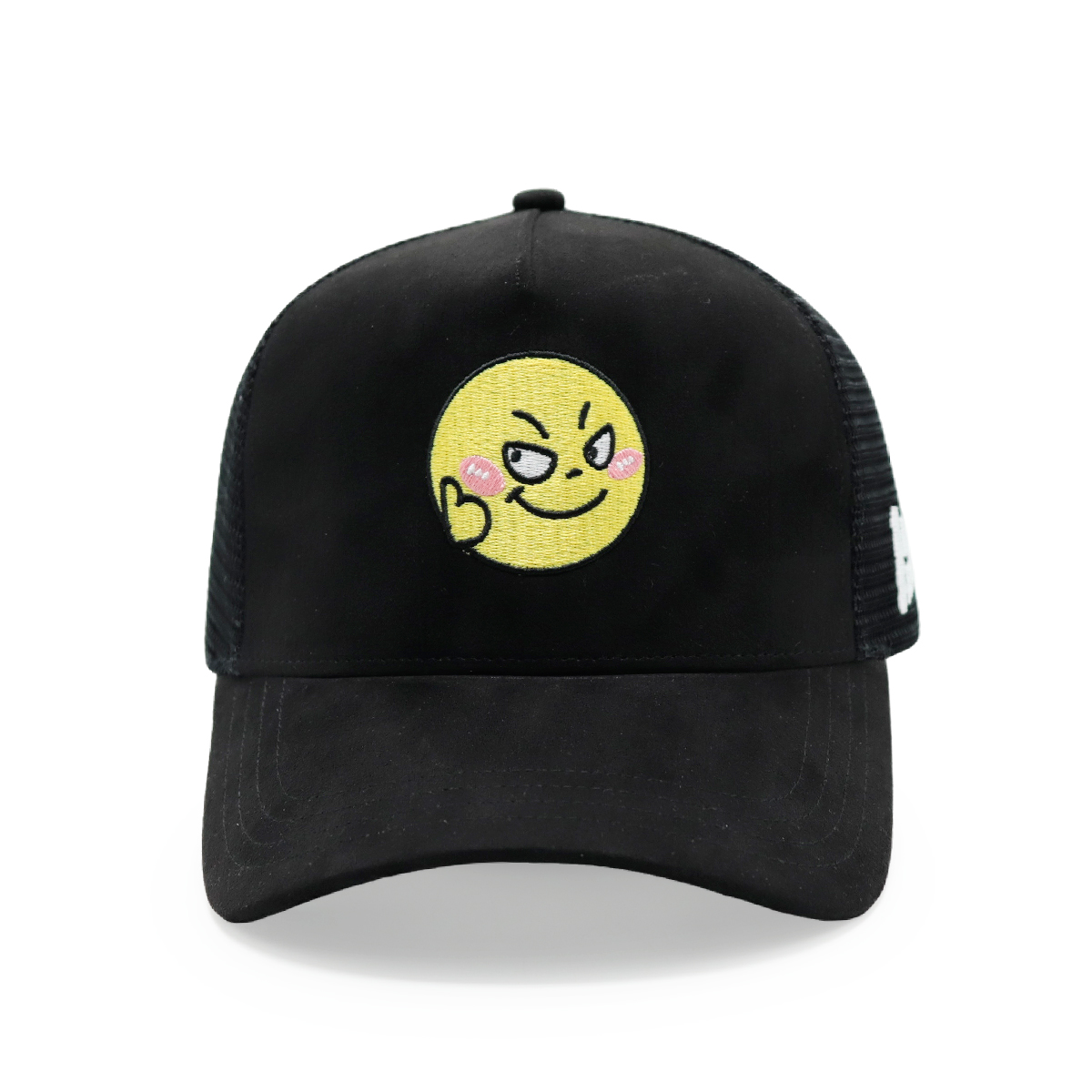 Custom Suede Embroidered Trucker Hats – Mesh Snapback Cap with Smiley Face
