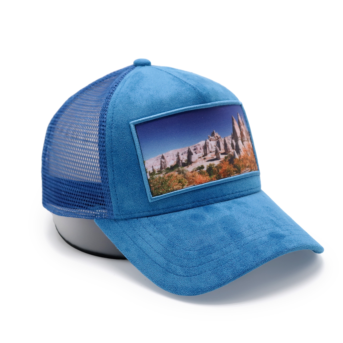 Blue Suede Mesh Trucker Hat – Scenic Patch Baseball Cap, Adjustable Outdoor Cap for Men and Women