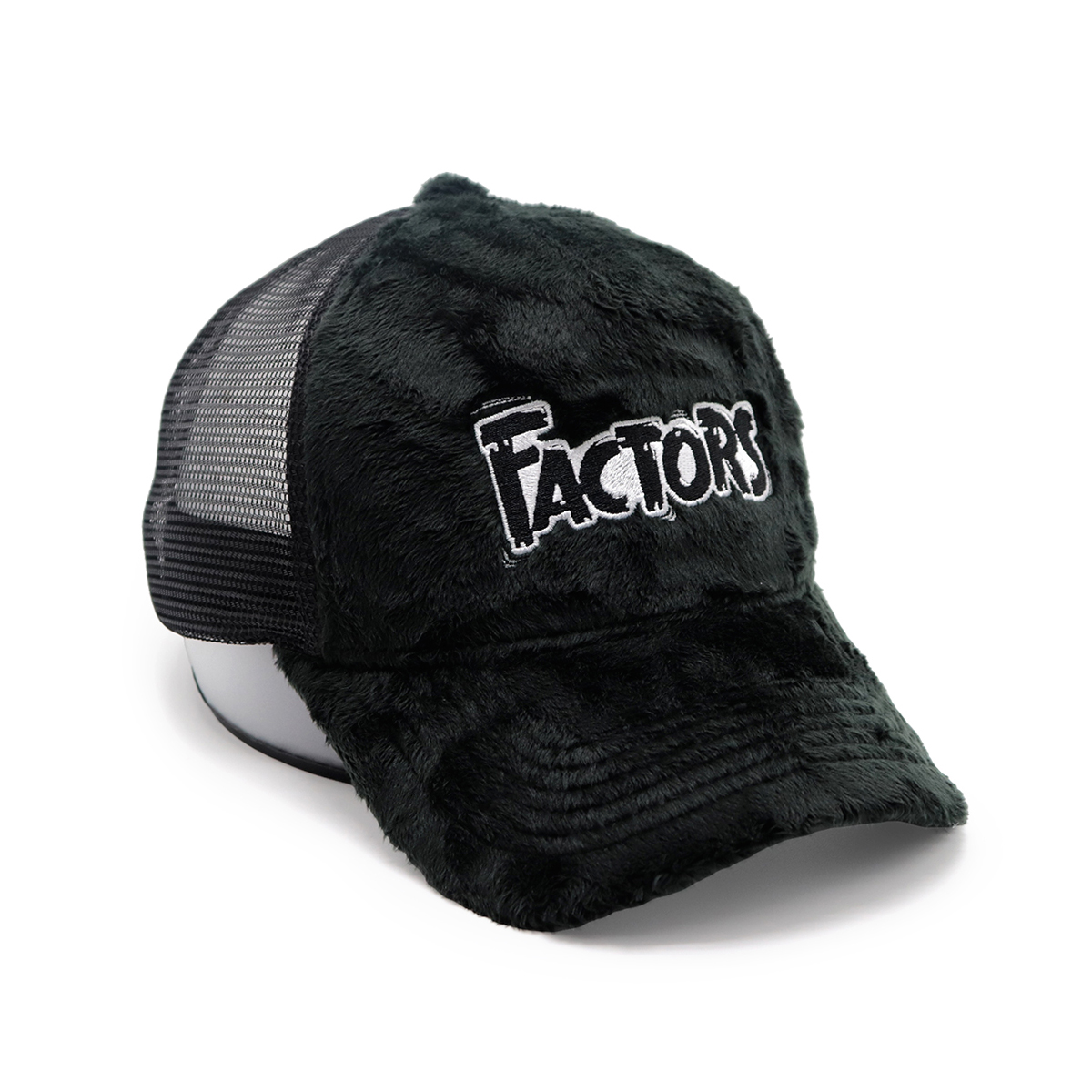Custom Plush Faux Fur Trucker Hat with “FACTORS” Embroidery, Fluffy Mesh Unisex Streetwear Cap