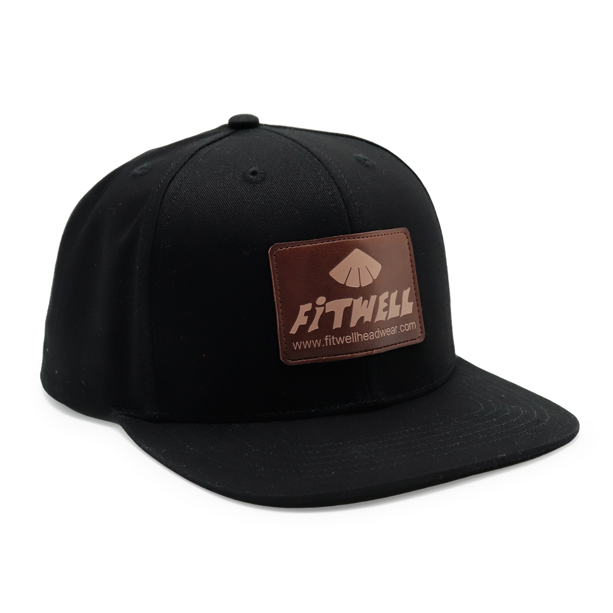 Black Flat Brim Snapback Hat with Leather Fitwell Logo Patch