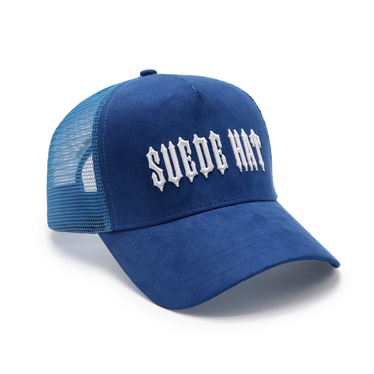 Blue SUEDE HAT Trucker Cap – Gothic Embroidered Faux Suede Mesh Hat