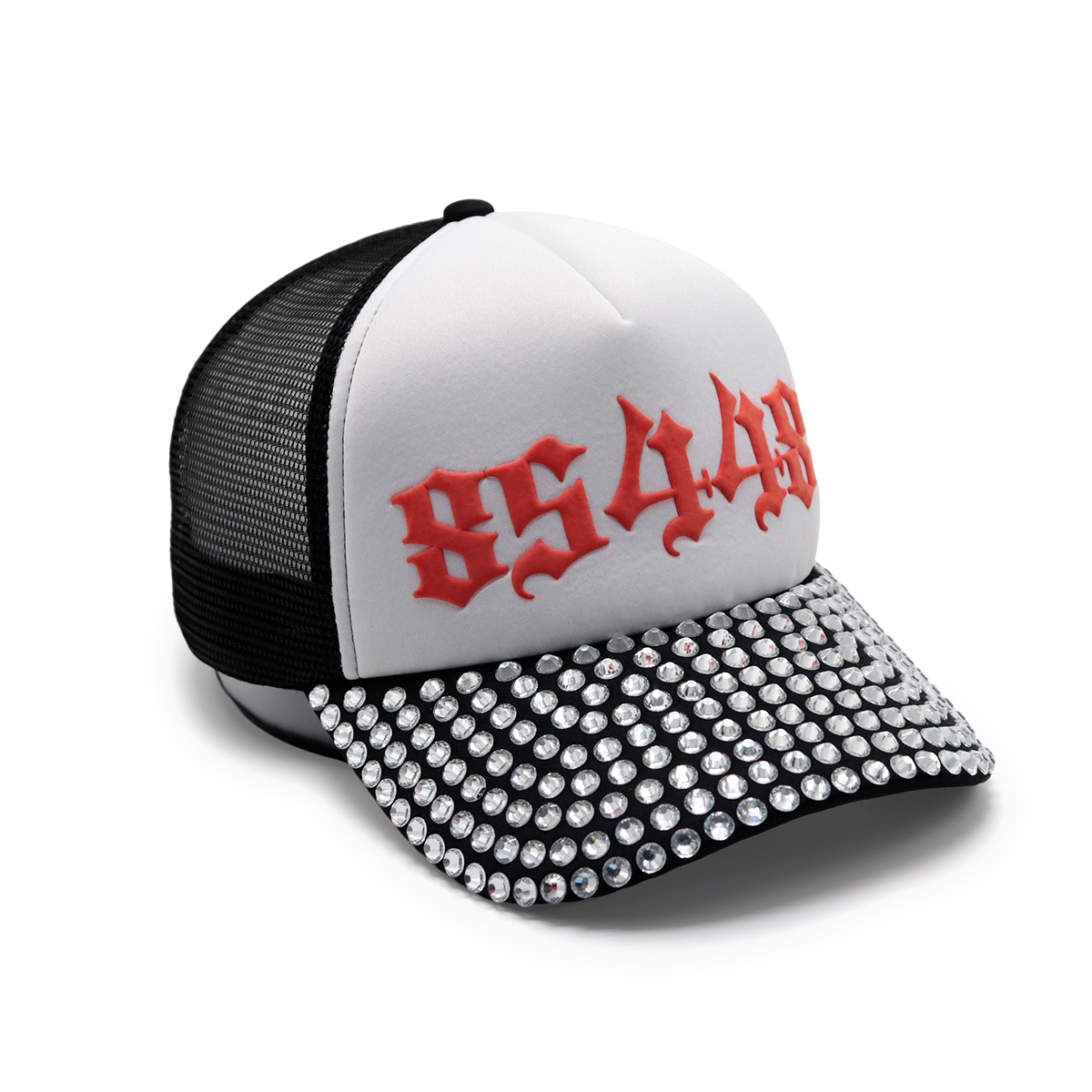 Puff Print Logo Rhinestone Mesh Baseball Cap – 3D Raised Embroidery, Adjustable Snapback, Unisex Streetwear Hat