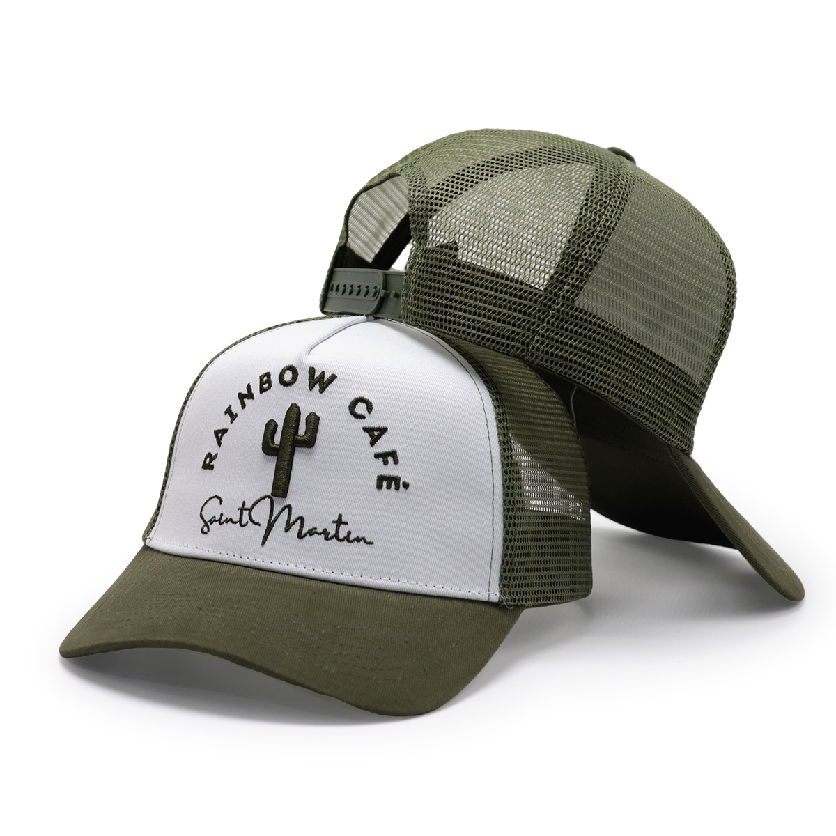 5 Panel Mesh Trucker Cap with 3D Embroidered Rainbow Café Logo – Custom Adjustable Snapback Hat
