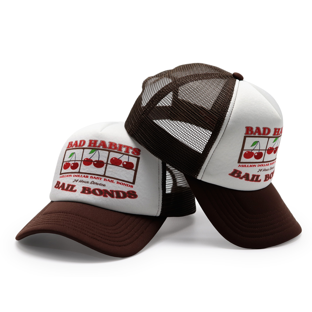 Printed Logo Mesh Trucker Cap – Brown & White Retro, Adjustable Snapback, Unisex Streetwear Hat