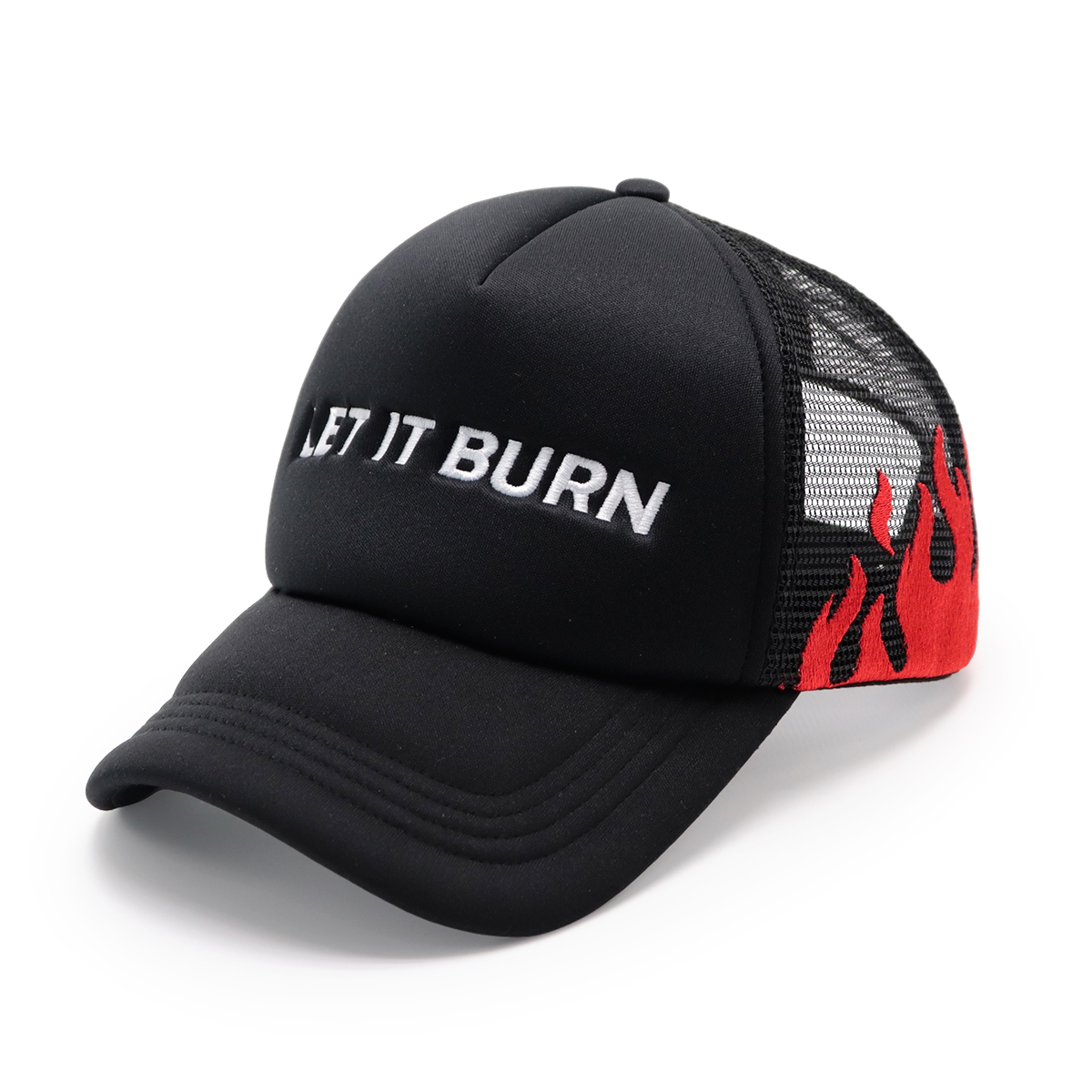 LET IT BURN Embroidered Trucker Hat – Black Flame Mesh Cap & Red Snapback Cap, Statement Baseball Hat, Unisex Adjustable