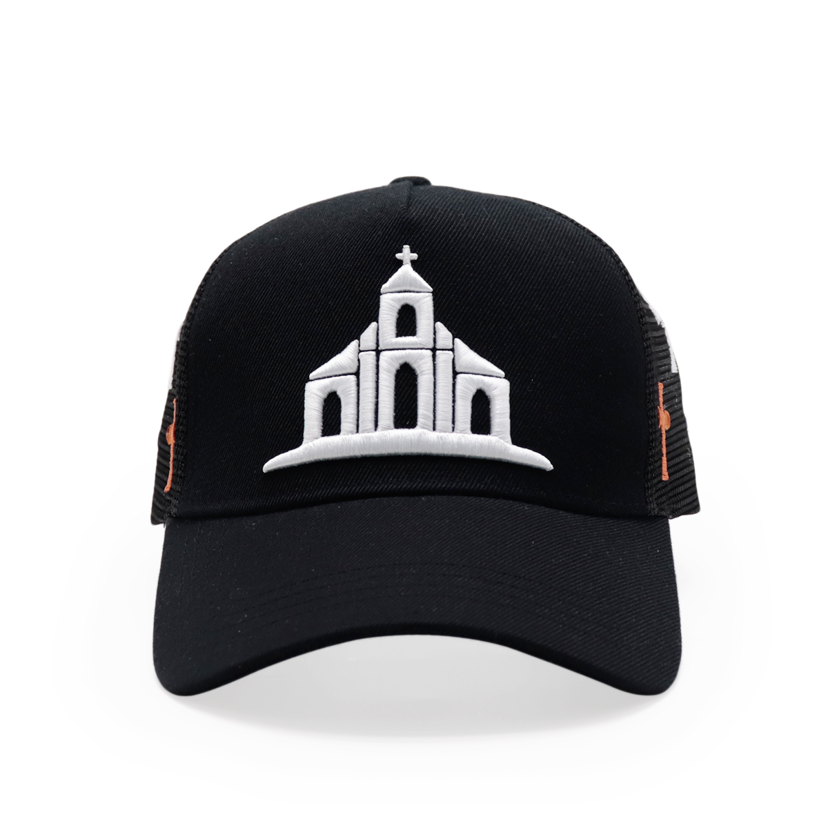 Black Church Embroidery Trucker Hat with Multicolor Crosses