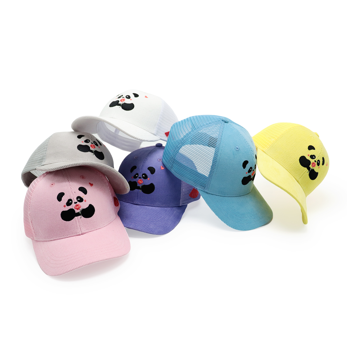 Cute Panda Embroidery Corduroy Mesh Trucker Hat for Kids and Adults