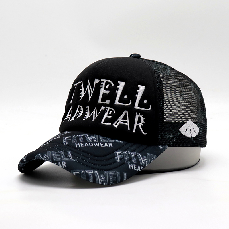 FITWELL All-Over Print & Embroidered Logo Trucker Hat – Bold Mesh Baseball Cap