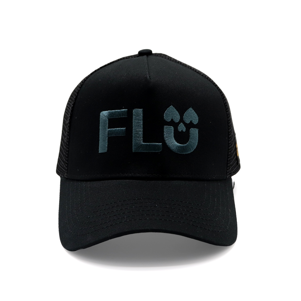 Black Cotton Twill Trucker Cap with 3D Embroidered FLU Logo | Mesh Snapback Hat