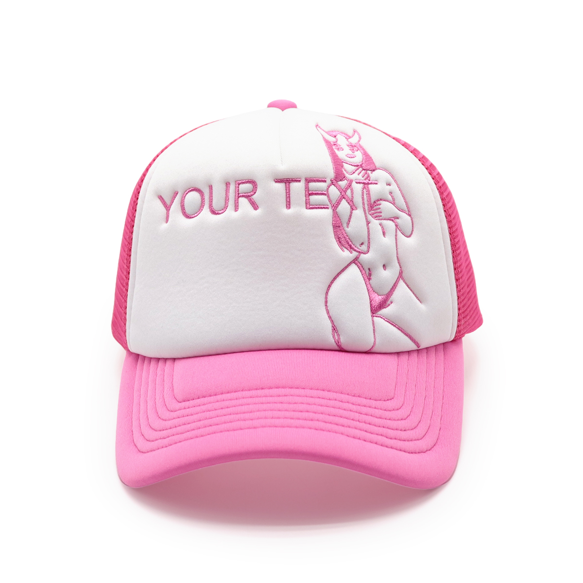 Custom Text Mesh Trucker Hat – Red or Pink/White Embroidered Personalized Baseball Cap