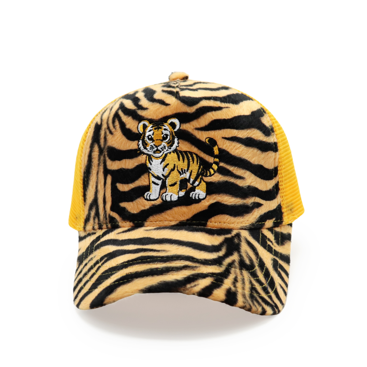 Velvet Animal Pattern Mesh Trucker Hat with Embroidered Tiger Logo