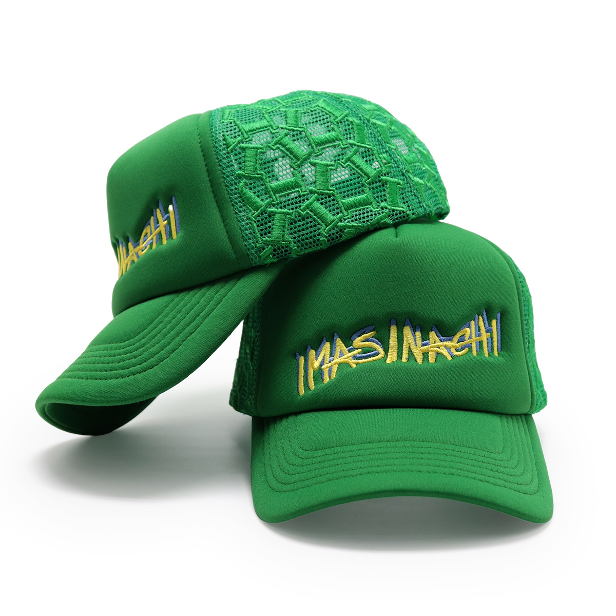 IMASINASHI Custom Trucker Hats with 3D Embroidery and Geometric Mesh