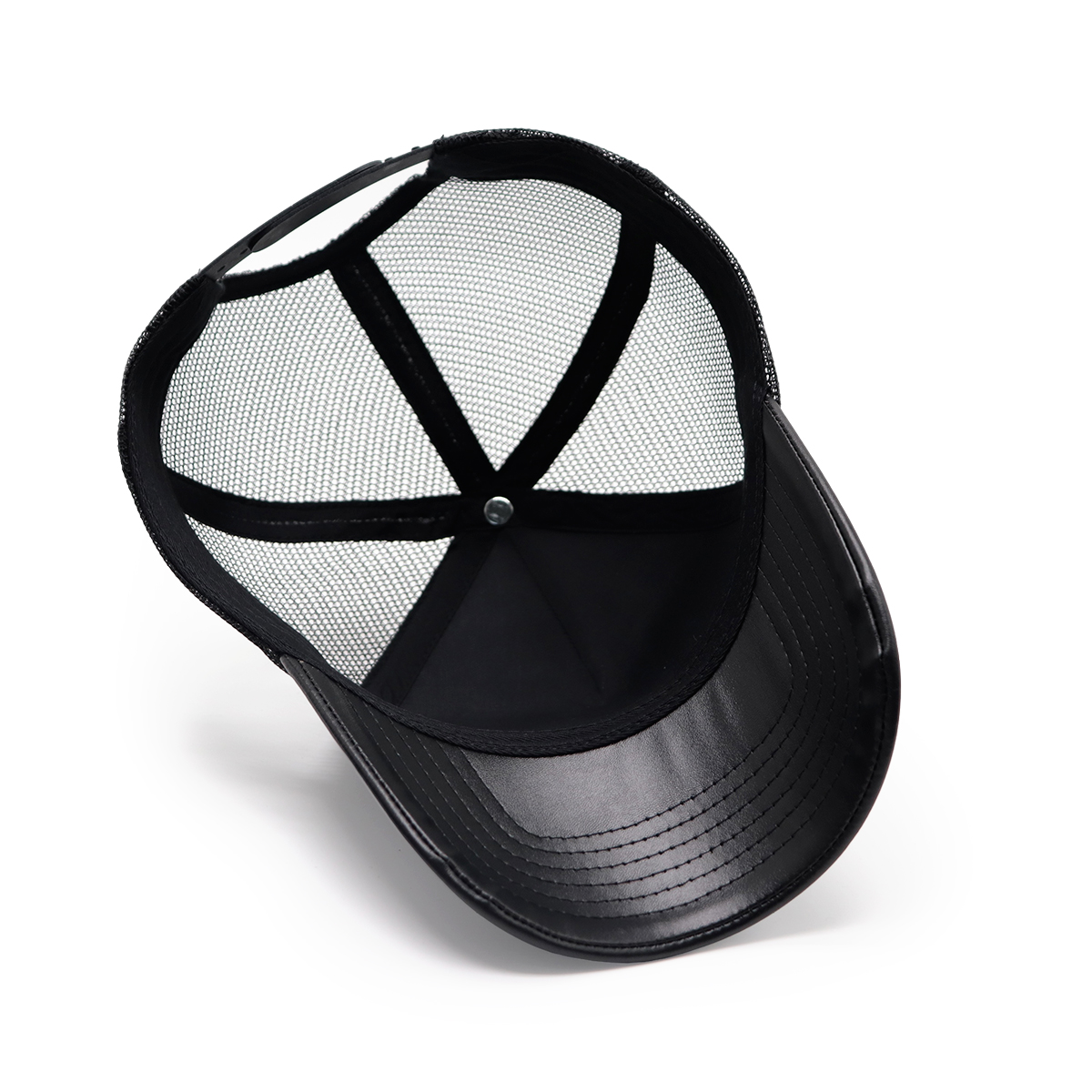 Black PU Leather Mesh Trucker Cap with Retro Embroidered Letters, Adjustable Snapback, Unisex