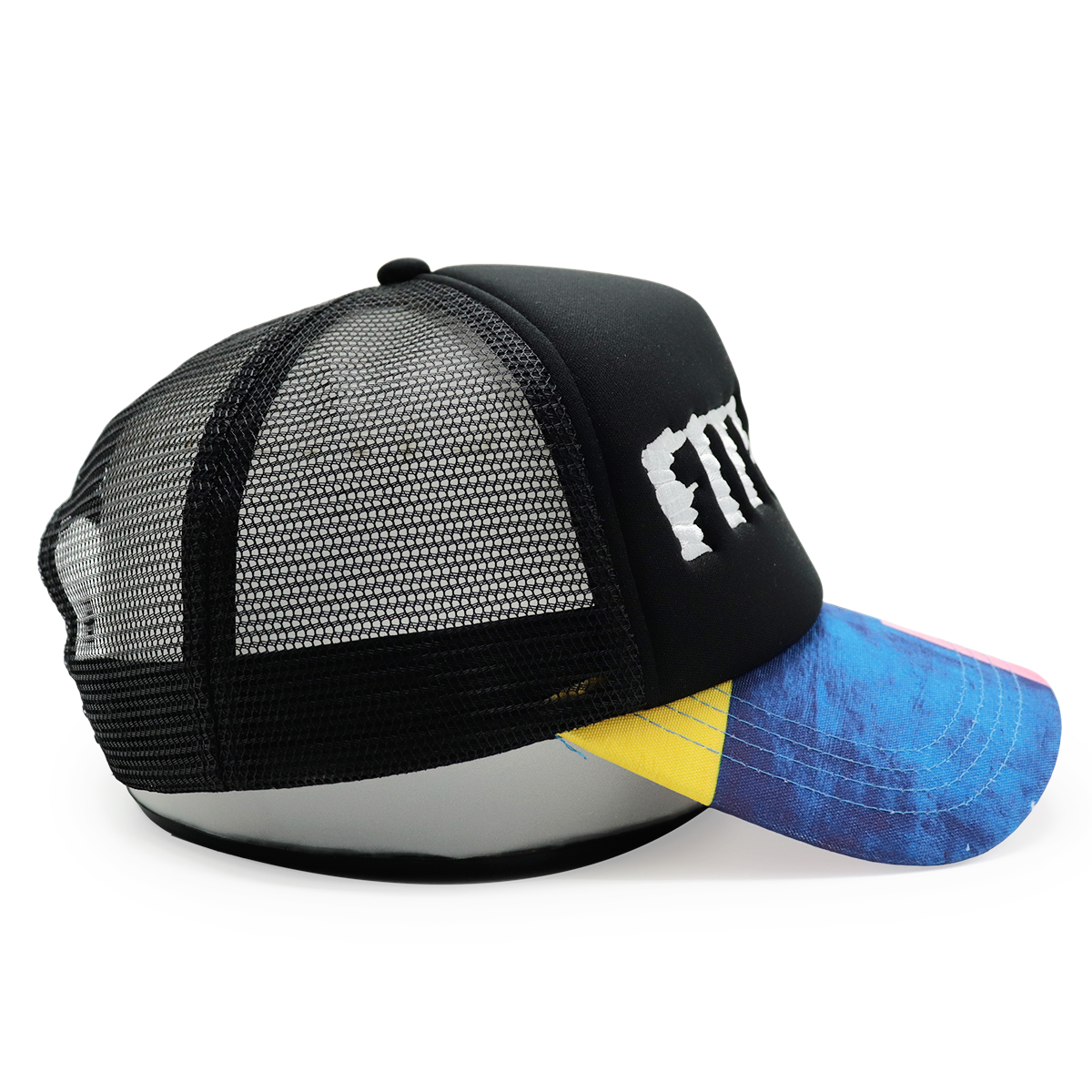 Fitwell Embroidered Logo Trucker Cap, Colorful Printed Brim Foam Mesh Hat, Trendy Snapback