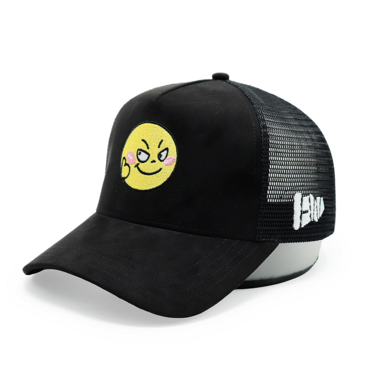 Custom Suede Embroidered Trucker Hats – Mesh Snapback Cap with Smiley Face