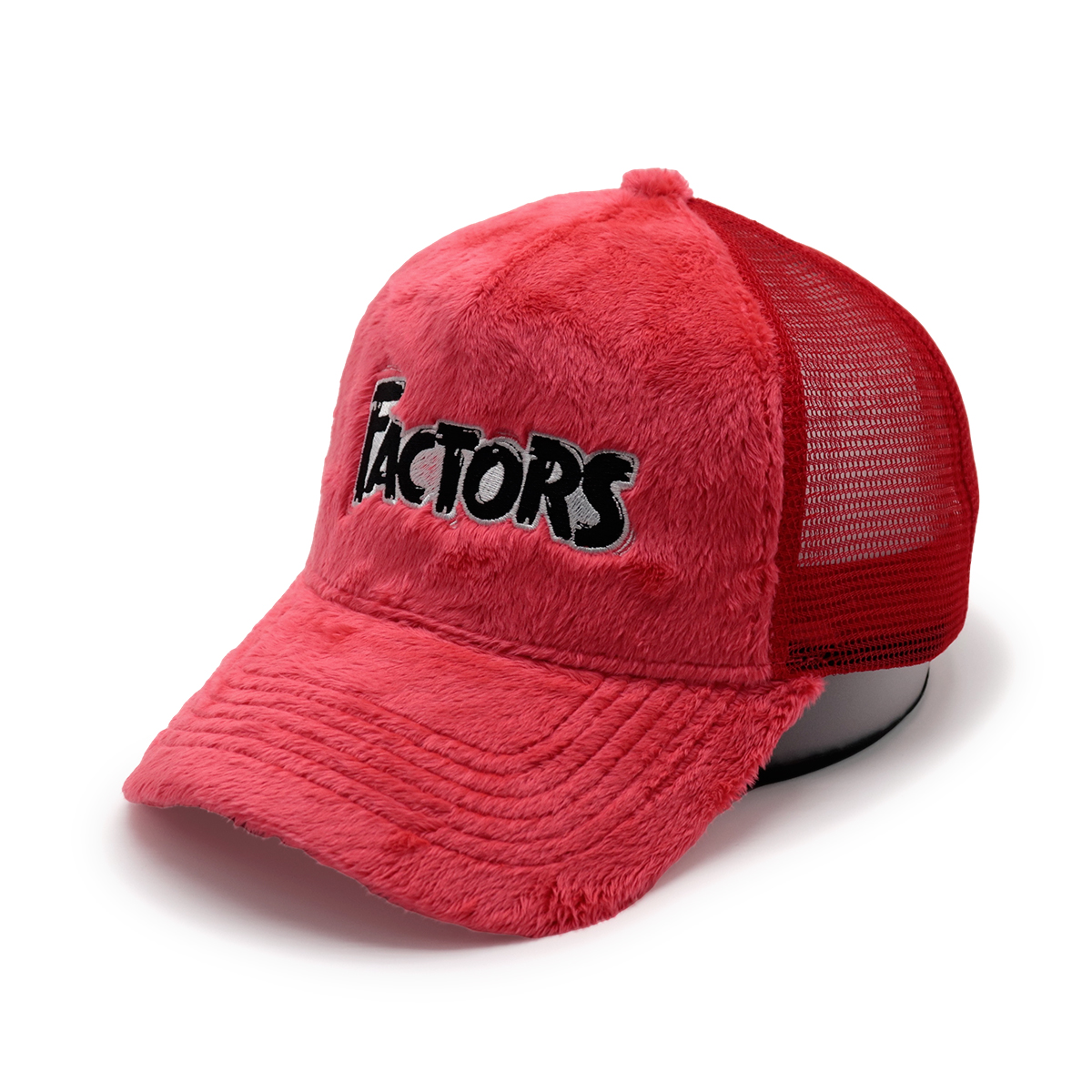Custom Plush Faux Fur Trucker Hat with “FACTORS” Embroidery, Fluffy Mesh Unisex Streetwear Cap