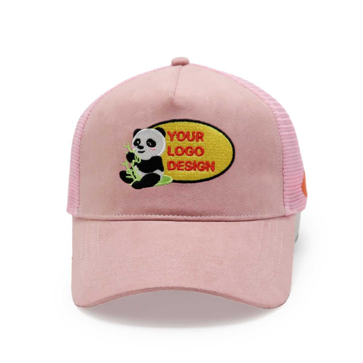 Custom Panda Embroidery Pink Trucker Hat – Suede Front Mesh Cap for Logo Design