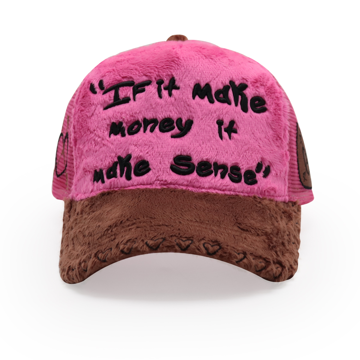 FITWELL Fuzzy Patchwork Trucker Hat – Embroidered Plush Mesh Baseball Cap