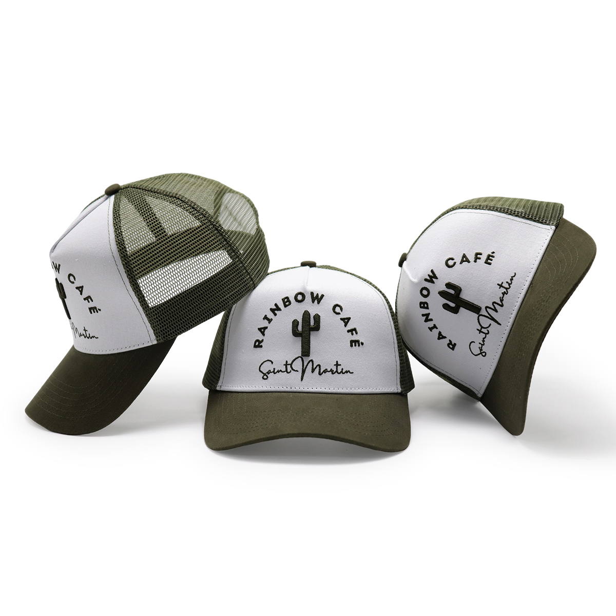 5 Panel Mesh Trucker Cap with 3D Embroidered Rainbow Café Logo – Custom Adjustable Snapback Hat