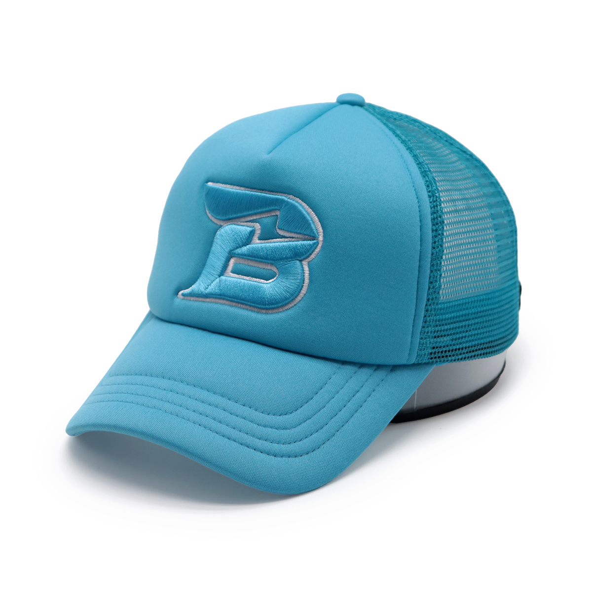 3D Embroidered B Trucker Hat – Light Blue Mesh Snapback Cap, Custom Baseball Hat, Unisex Adjustable