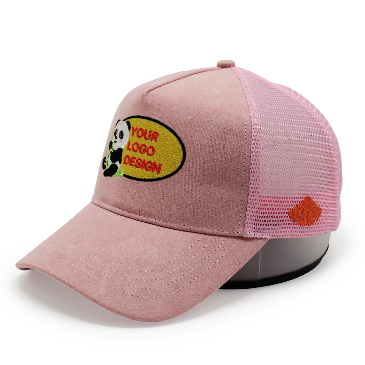 Custom Panda Embroidery Pink Trucker Hat – Suede Front Mesh Cap for Logo Design