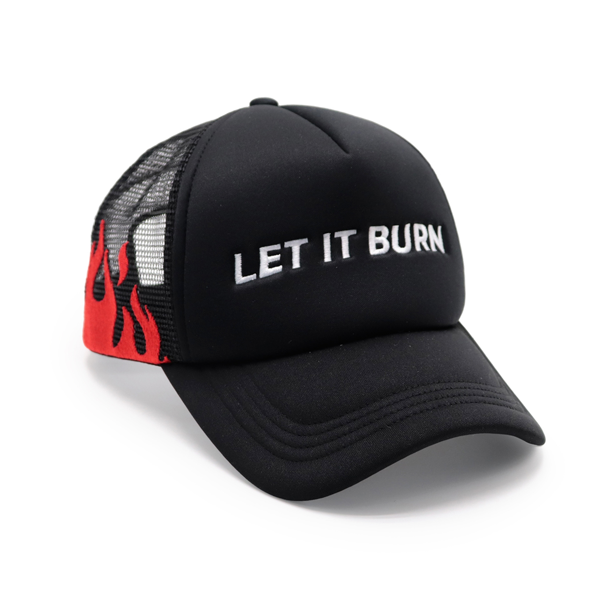 LET IT BURN Embroidered Trucker Hat – Black Flame Mesh Cap & Red Snapback Cap, Statement Baseball Hat, Unisex Adjustable