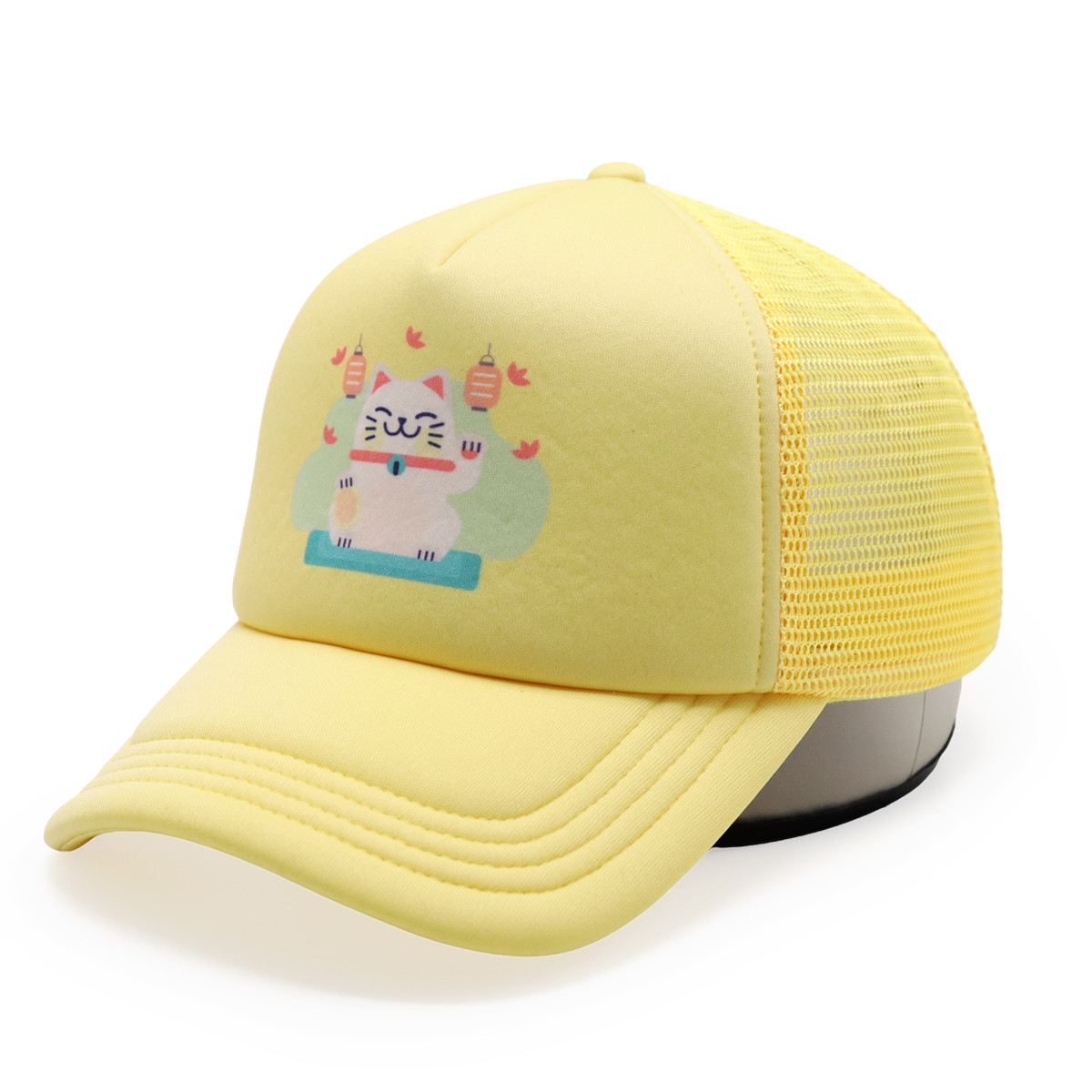 Cute Lucky Cat Print Mesh Trucker Cap – Colorful Cartoon Snapback Hat