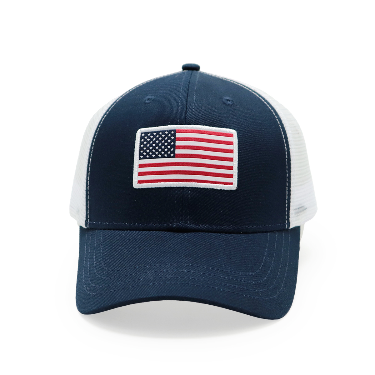 USA Flag Mesh Trucker Cap – Adjustable Classic Closure, American Flag Embroidered Hat (Red & Navy)