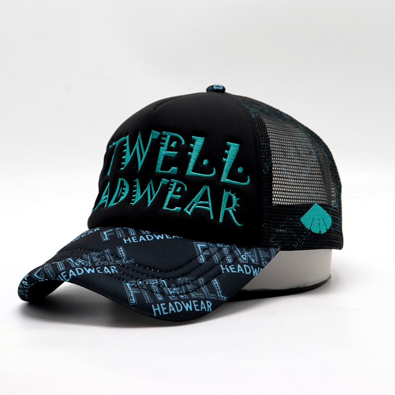 FITWELL All-Over Print & Embroidered Logo Trucker Hat – Bold Mesh Baseball Cap