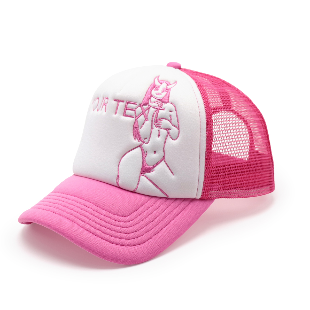 Custom Text Mesh Trucker Hat – Red or Pink/White Embroidered Personalized Baseball Cap