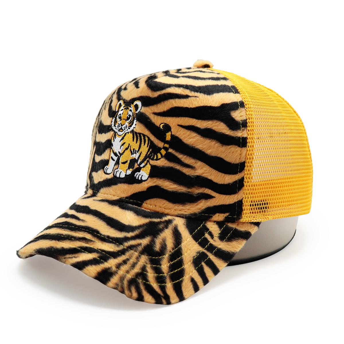Velvet Animal Pattern Mesh Trucker Hat with Embroidered Tiger Logo