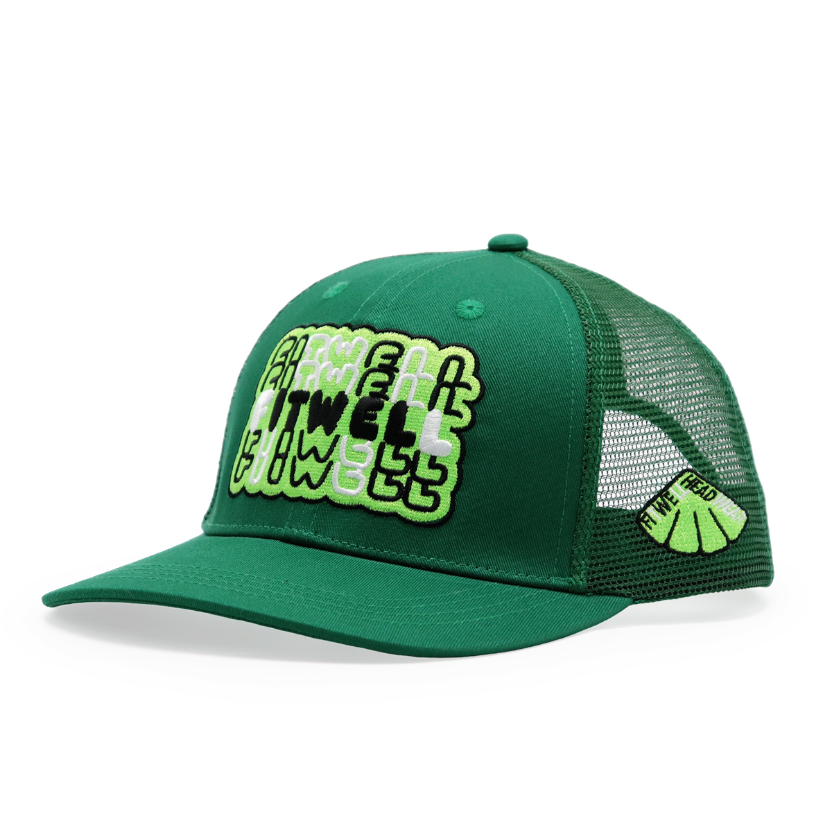 FITWELL Graphic Mesh Trucker Cap – Colorful Adjustable Baseball Hat with Neon 3D Logo (Blue, Green, Black, Gray)