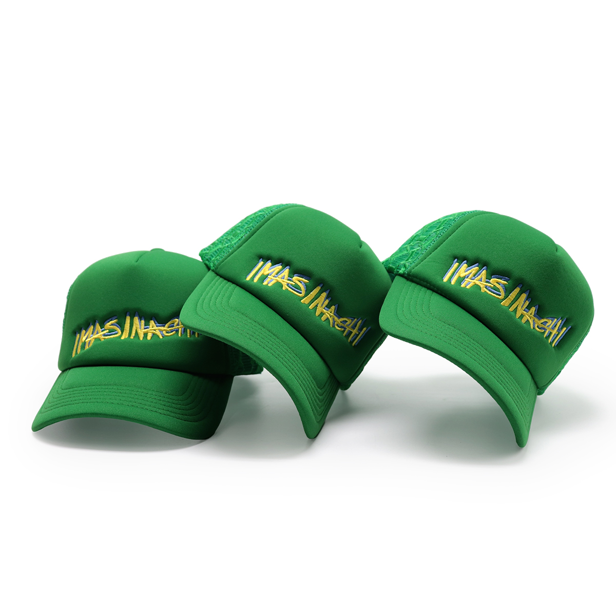IMASINASHI Custom Trucker Hats with 3D Embroidery and Geometric Mesh
