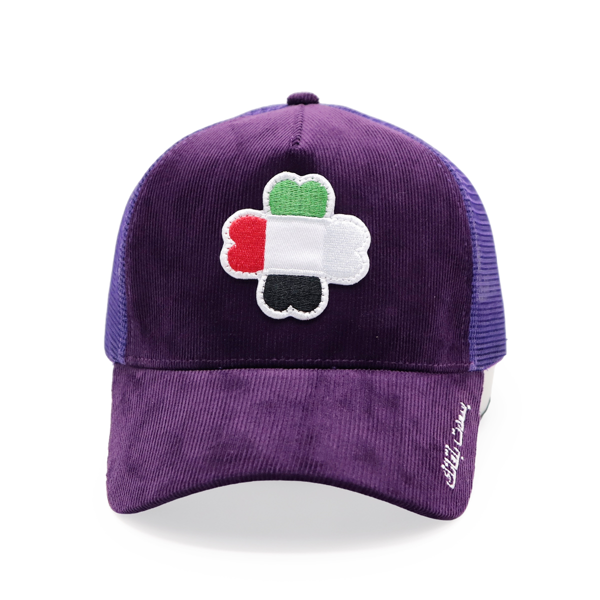 UAE Flag Clover Embroidered Corduroy Mesh Trucker Cap – Four-Leaf Lucky Baseball Hat